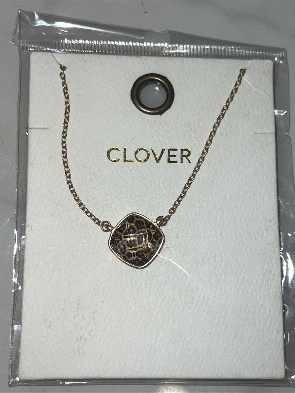 Clover Gold-Tone Necklace with Leopard Print Pendant